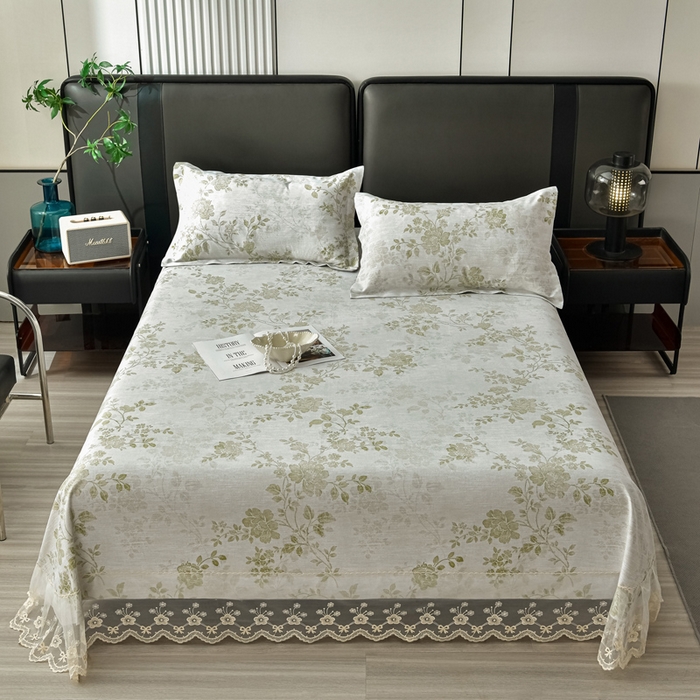 91家纺网 家纺一手货源 找家纺 星窝家纺 2026新款花边老粗布凉席三件套 香颂花影-绿