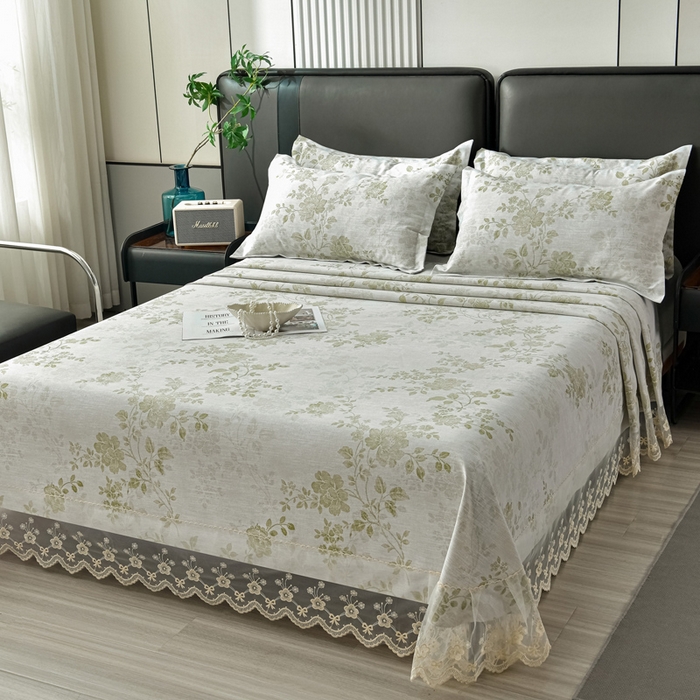 91家纺网 家纺一手货源 找家纺 星窝家纺 2026新款花边老粗布凉席三件套 香颂花影-绿