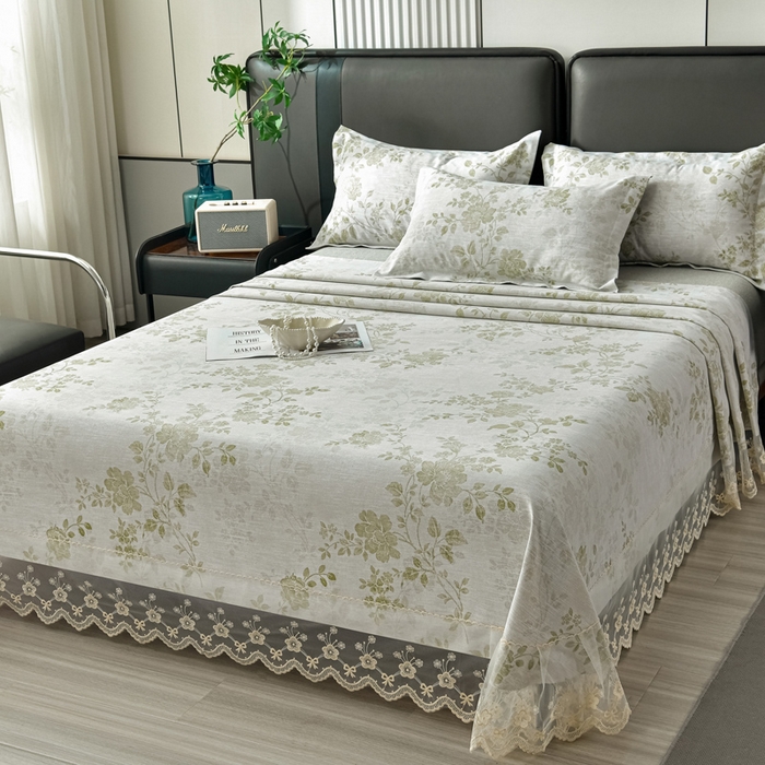 星窝家纺 2026新款花边老粗布凉席三件套 香颂花影-绿