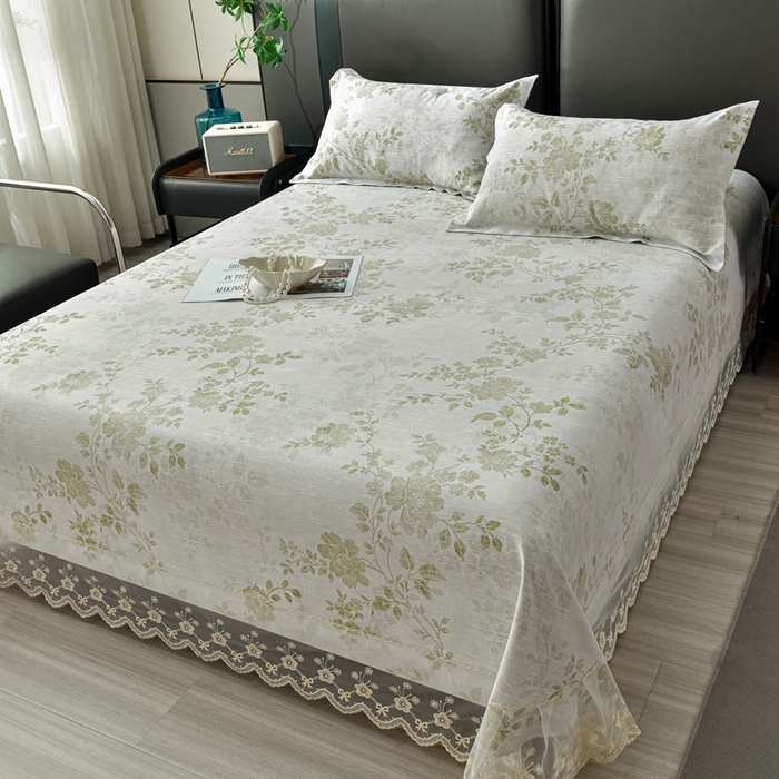 91家纺网 家纺一手货源 找家纺 星窝家纺 2026新款花边老粗布凉席三件套 香颂花影-绿