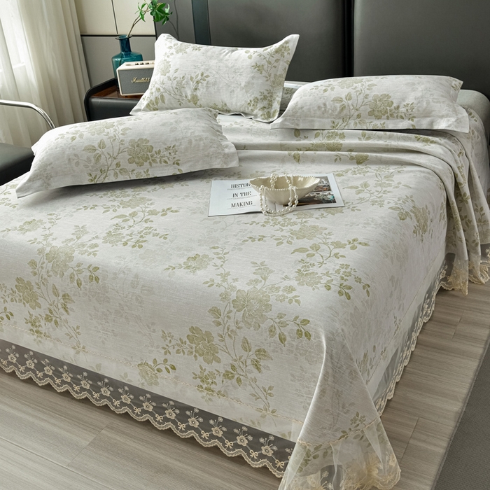 91家纺网 家纺一手货源 找家纺 星窝家纺 2026新款花边老粗布凉席三件套 香颂花影-绿