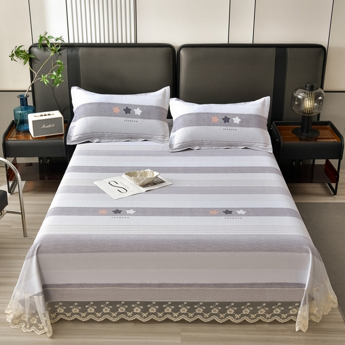 91家纺网 家纺一手货源 找家纺 星窝家纺 2026新款花边老粗布凉席三件套 星辰-灰