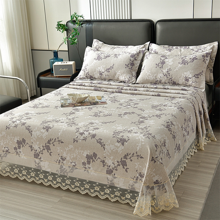 91家纺网 家纺一手货源 找家纺 星窝家纺 2026新款花边老粗布凉席三件套 烟紫花影