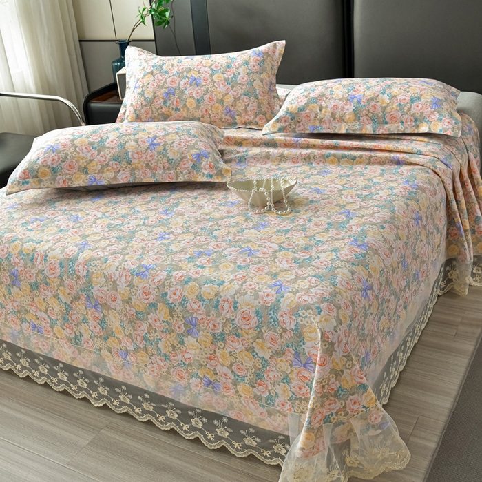 91家纺网 家纺一手货源 找家纺 星窝家纺 2026新款花边老粗布凉席三件套 阳春之歌