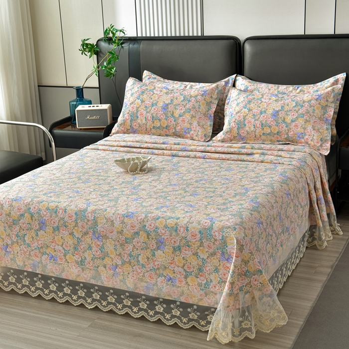 91家纺网 家纺一手货源 找家纺 星窝家纺 2026新款花边老粗布凉席三件套 阳春之歌