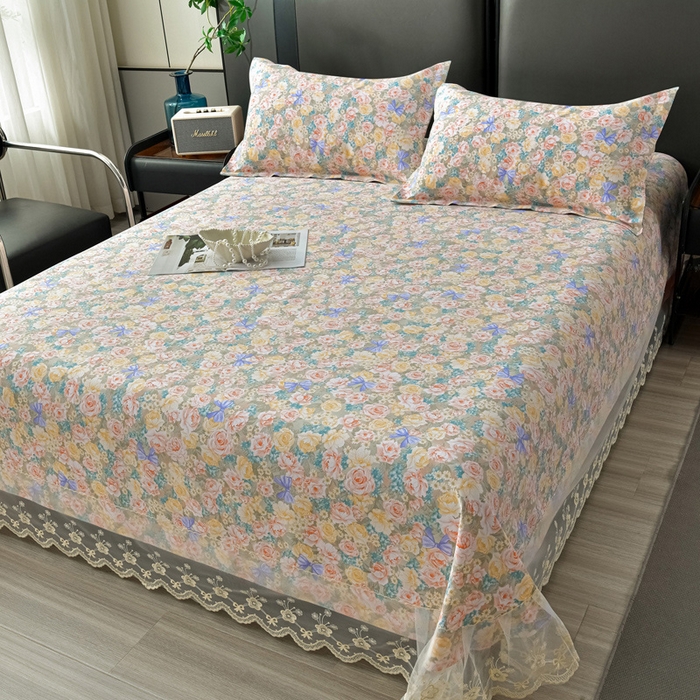 91家纺网 家纺一手货源 找家纺 星窝家纺 2026新款花边老粗布凉席三件套 阳春之歌