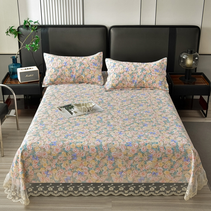 91家纺网 家纺一手货源 找家纺 星窝家纺 2026新款花边老粗布凉席三件套 阳春之歌