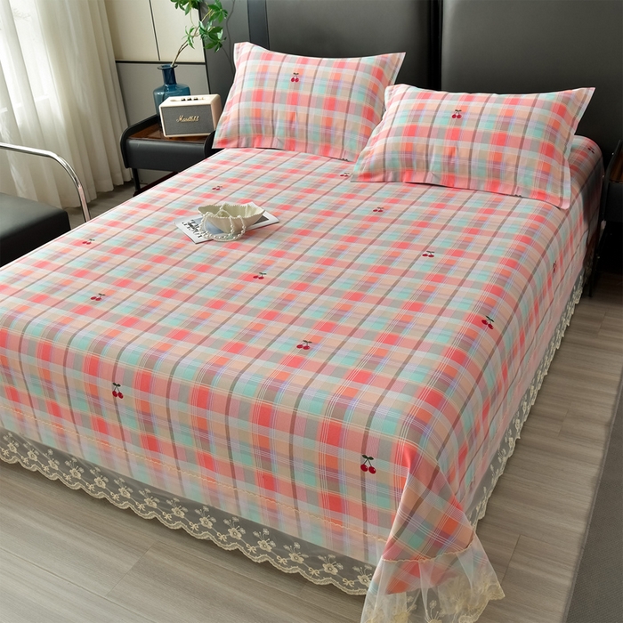 91家纺网 家纺一手货源 找家纺 星窝家纺 2026新款花边老粗布凉席三件套 樱桃格-绿