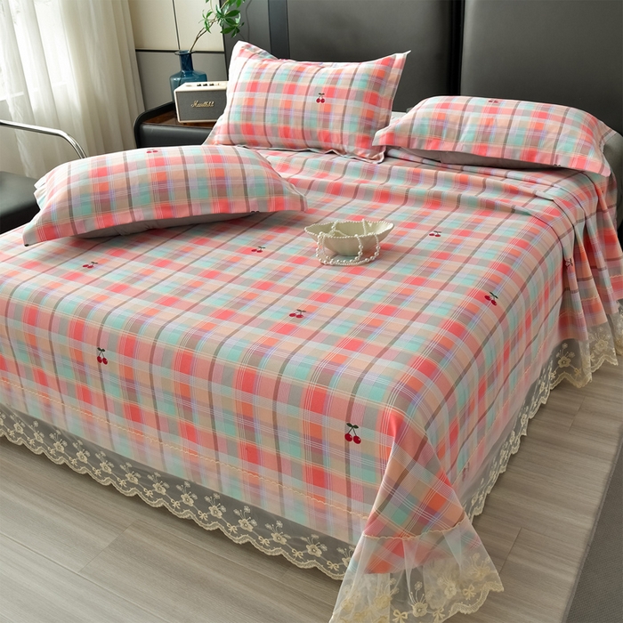 91家纺网 家纺一手货源 找家纺 星窝家纺 2026新款花边老粗布凉席三件套 樱桃格-绿