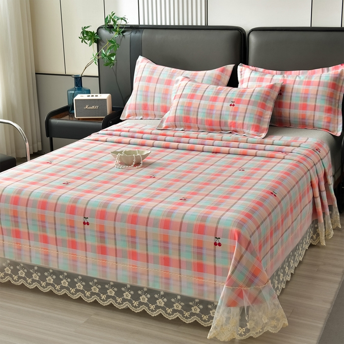 星窝家纺 2026新款花边老粗布凉席三件套 樱桃格-绿