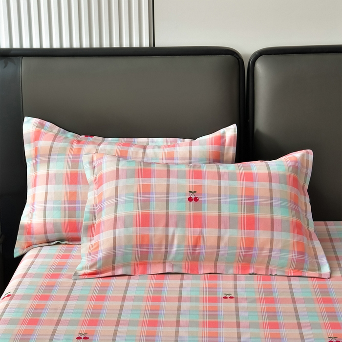 91家纺网 家纺一手货源 找家纺 星窝家纺 2026新款花边老粗布凉席三件套 樱桃格-绿