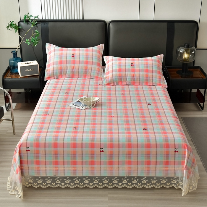 91家纺网 家纺一手货源 找家纺 星窝家纺 2026新款花边老粗布凉席三件套 樱桃格-绿