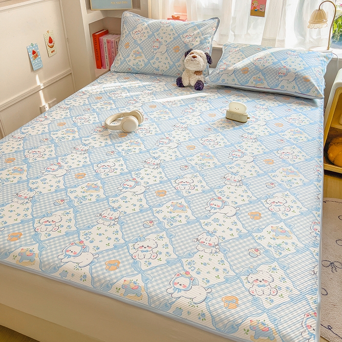 91家纺网 家纺一手货源 找家纺 莱米家纺 2026新款斜纹凉感床席冰豆豆系列 蓝格小狗