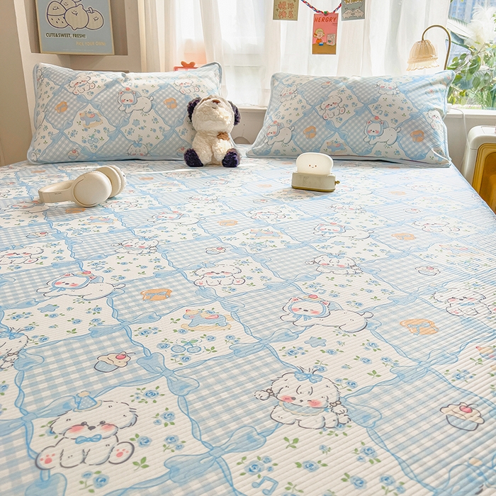 91家纺网 家纺一手货源 找家纺 莱米家纺 2026新款斜纹凉感床席冰豆豆系列 蓝格小狗