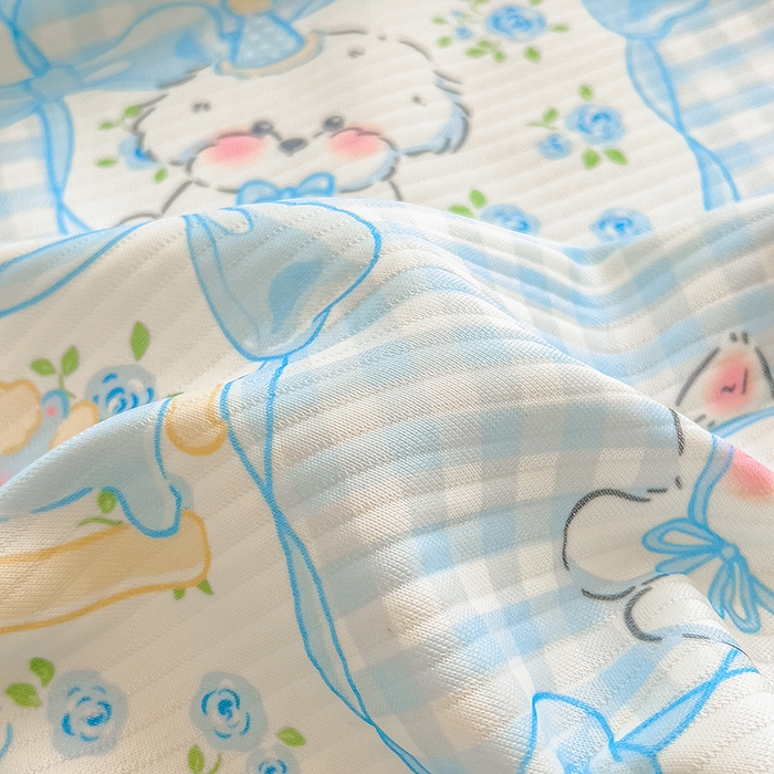 91家纺网 家纺一手货源 找家纺 莱米家纺 2026新款斜纹凉感床席冰豆豆系列 蓝格小狗