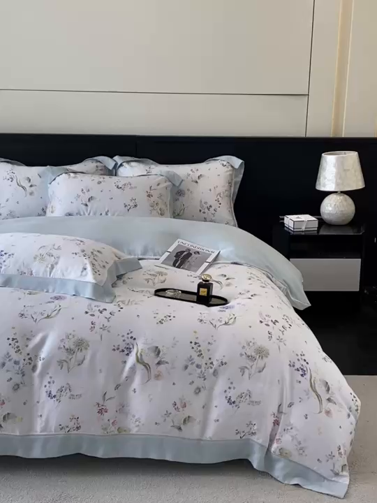 91家纺网 家纺一手货源 找家纺 （总）博纳家纺 2026新款100%莱赛尔天丝四件套宽边拼角绣花工艺数码印花田园风轻奢凉感四件套（礼盒装）