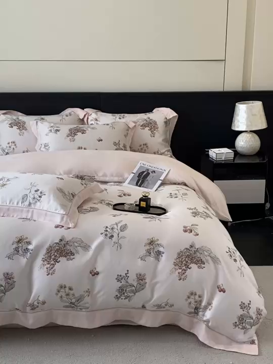 91家纺网 家纺一手货源 找家纺 博纳家纺 2026新款100%莱赛尔天丝四件套宽边拼角绣花工艺数码印花田园风轻奢凉感四件套（礼盒装） 缤纷夏日