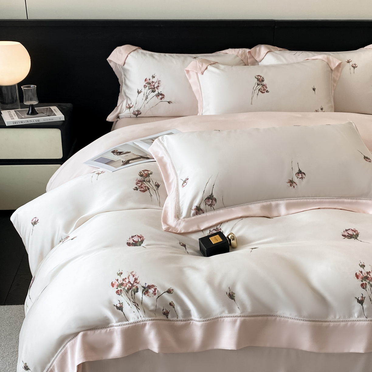 博纳家纺 2026新款100%莱赛尔天丝四件套宽边拼角绣花工艺数码印花田园风轻奢凉感四件套（礼盒装） 夕颜