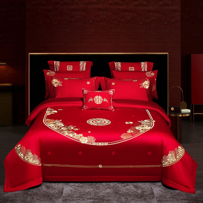 91家纺网 家纺一手货源 找家纺 蒂爵 2026年重绣性价比款长绒棉提花全棉纯棉绣花婚庆四件套多件套大红色刺绣结床上用品 海韵丹姿金