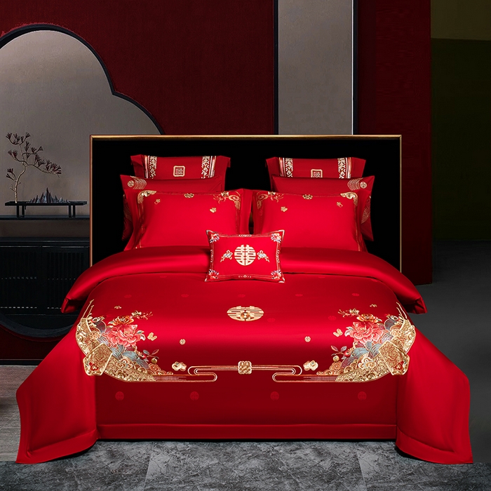 91家纺网 家纺一手货源 找家纺 蒂爵 2026年重绣性价比款长绒棉提花全棉纯棉绣花婚庆四件套多件套大红色刺绣结床上用品 花开纳福