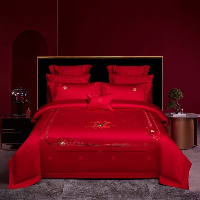 91家纺网 家纺一手货源 找家纺 蒂爵 2026年重绣性价比款长绒棉提花全棉纯棉绣花婚庆四件套多件套大红色刺绣结床上用品 欢天喜地