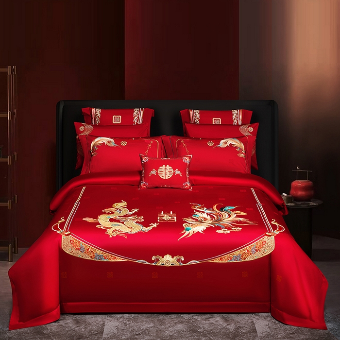 91家纺网 家纺一手货源 找家纺 蒂爵 2026年重绣性价比款长绒棉提花全棉纯棉绣花婚庆四件套多件套大红色刺绣结床上用品 龙凤佳缘
