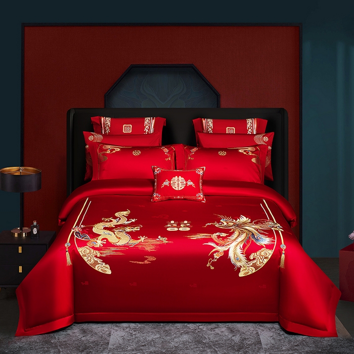 91家纺网 家纺一手货源 找家纺 （总）蒂爵 2026年重绣性价比款长绒棉提花全棉纯棉绣花婚庆四件套多件套大红色刺绣结床上用品