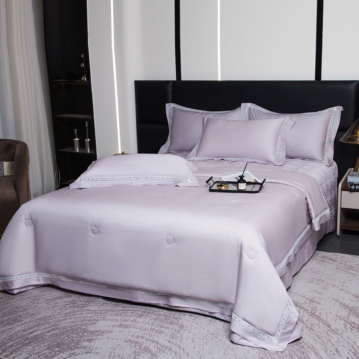 91家纺网 家纺一手货源 找家纺 三俏家纺 2026新款60支兰精天丝A类镂空床盖款夏被四件套纯色20％大豆蛋白【包质检】 暮光紫