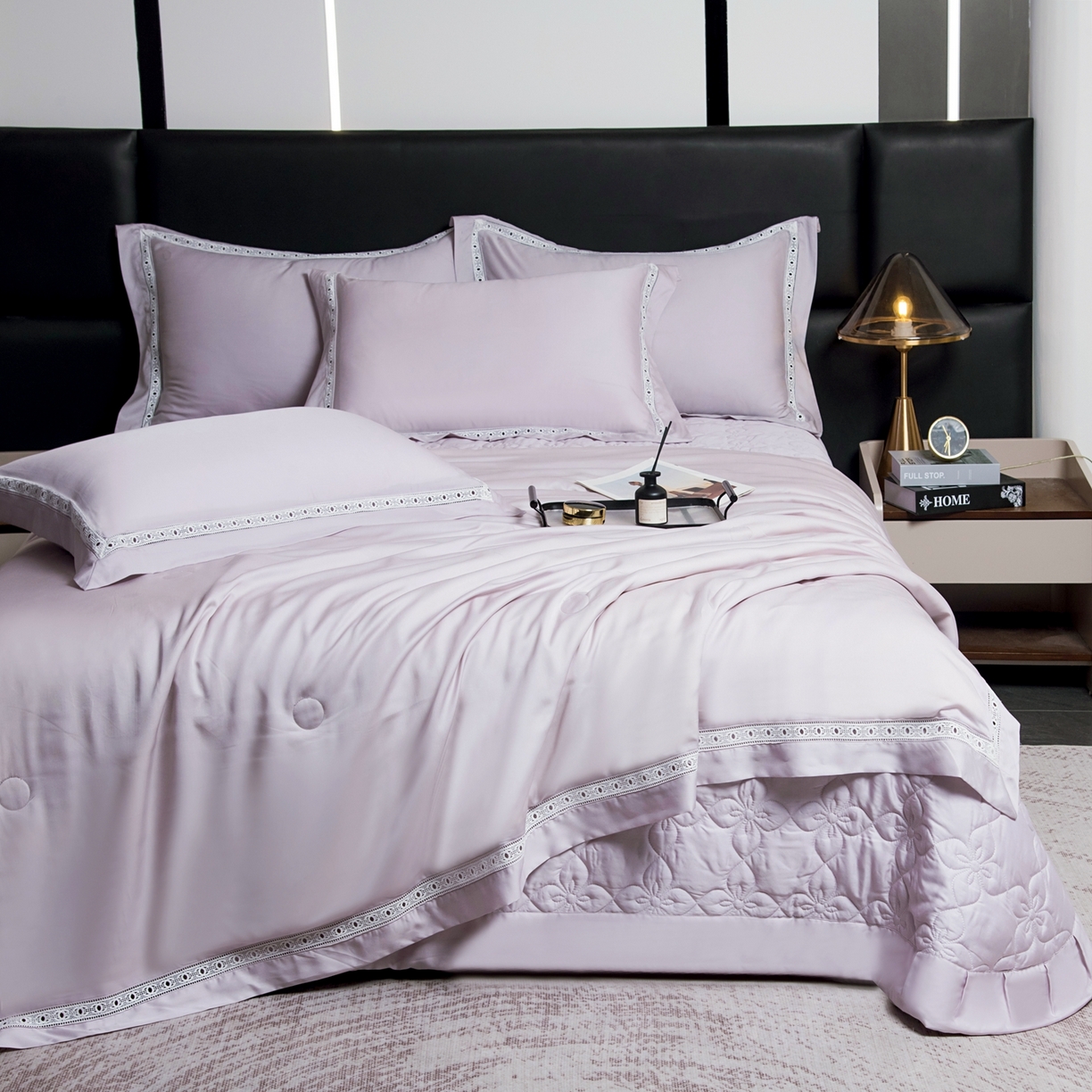 91家纺网 家纺一手货源 找家纺 三俏家纺 2026新款60支兰精天丝A类镂空床盖款夏被四件套纯色20％大豆蛋白【包质检】 暮光紫