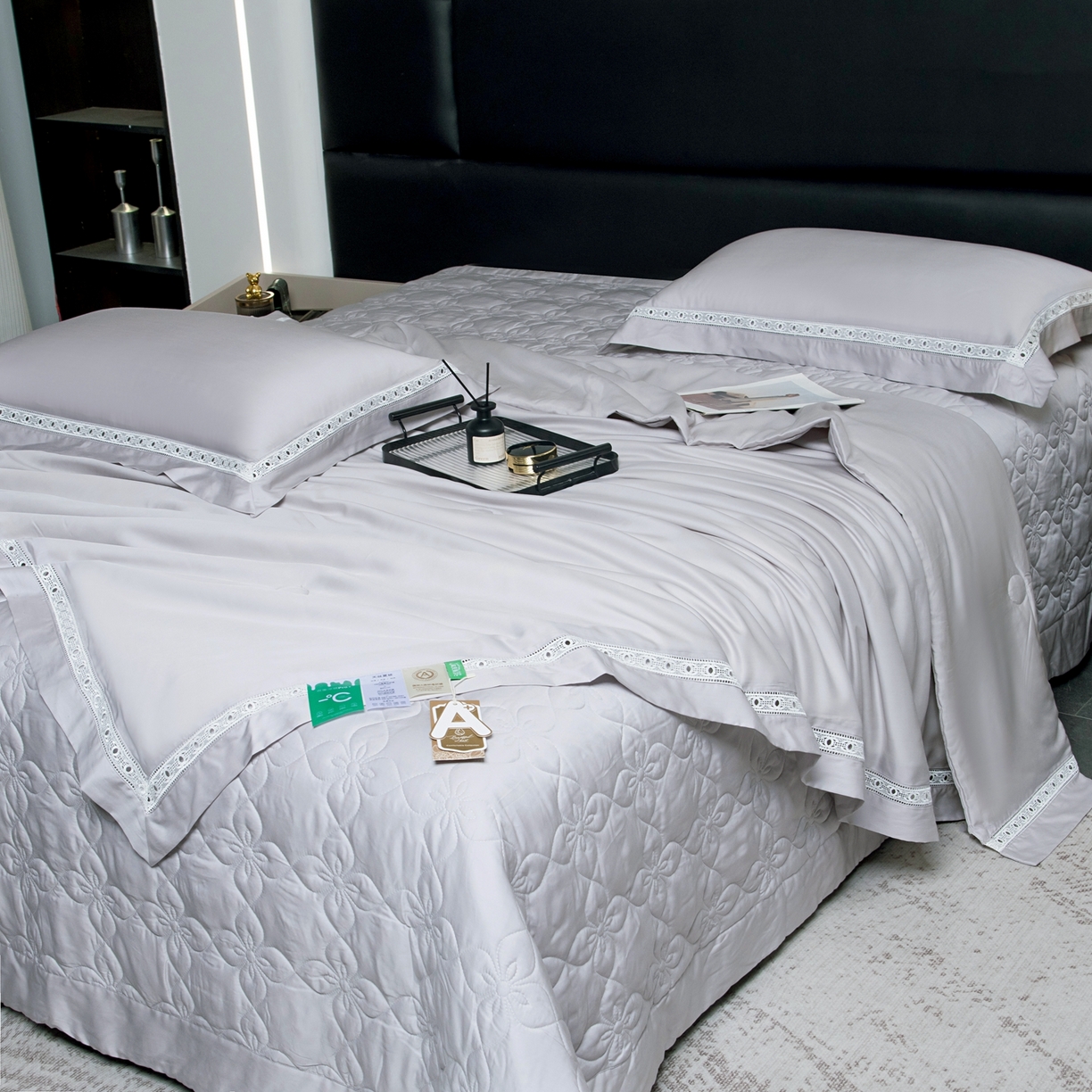 91家纺网 家纺一手货源 找家纺 三俏家纺 2026新款60支兰精天丝A类镂空床盖款夏被四件套纯色20％大豆蛋白【包质检】 暮云灰