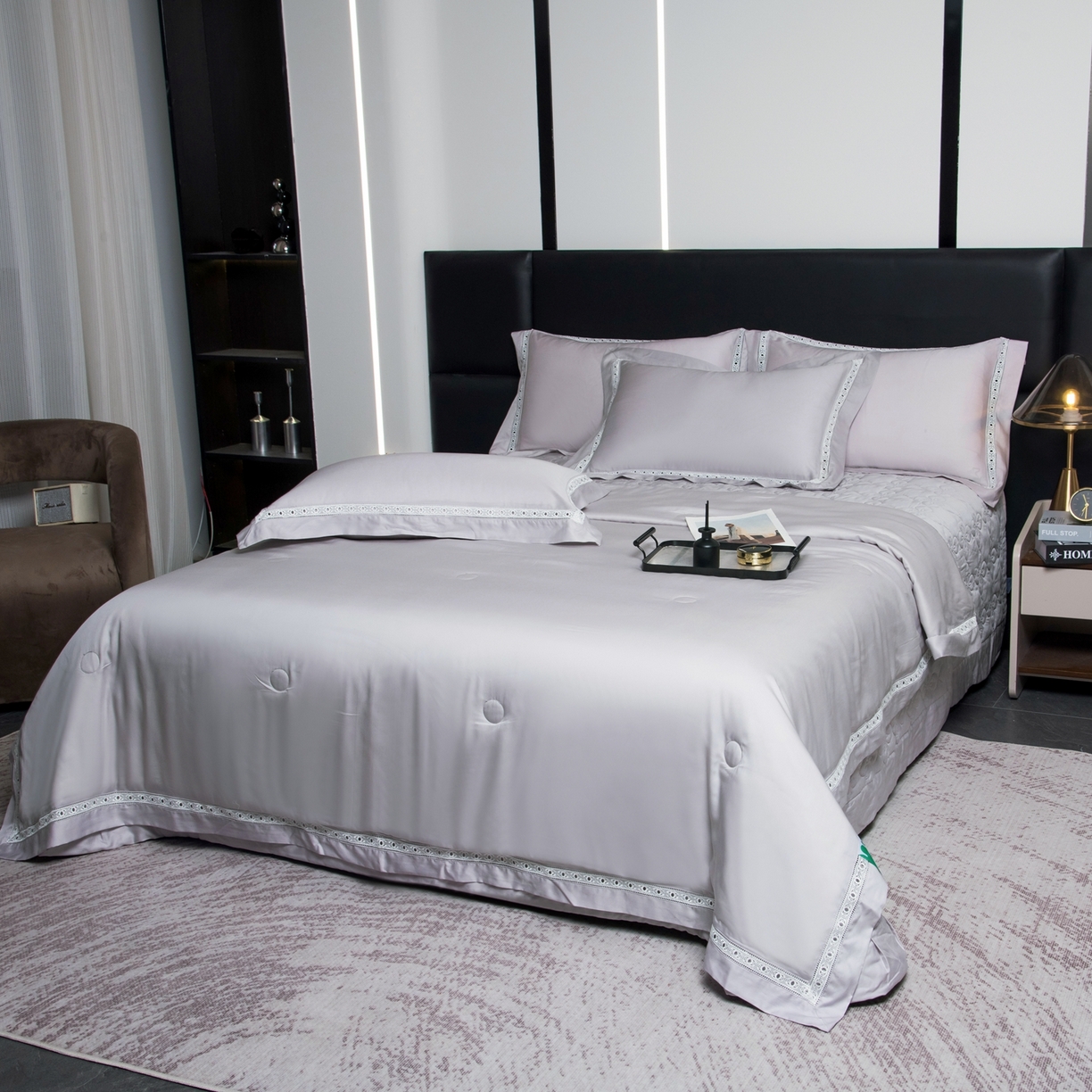 91家纺网 家纺一手货源 找家纺 三俏家纺 2026新款60支兰精天丝A类镂空床盖款夏被四件套纯色20％大豆蛋白【包质检】 暮云灰