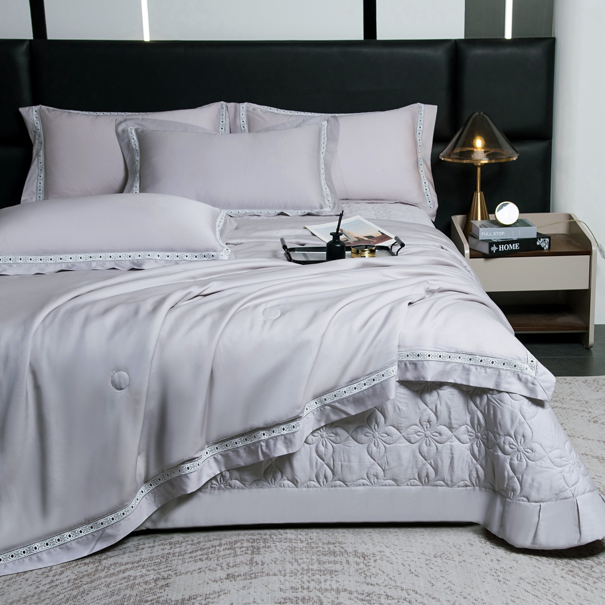 91家纺网 家纺一手货源 找家纺 三俏家纺 2026新款60支兰精天丝A类镂空床盖款夏被四件套纯色20％大豆蛋白【包质检】 暮云灰