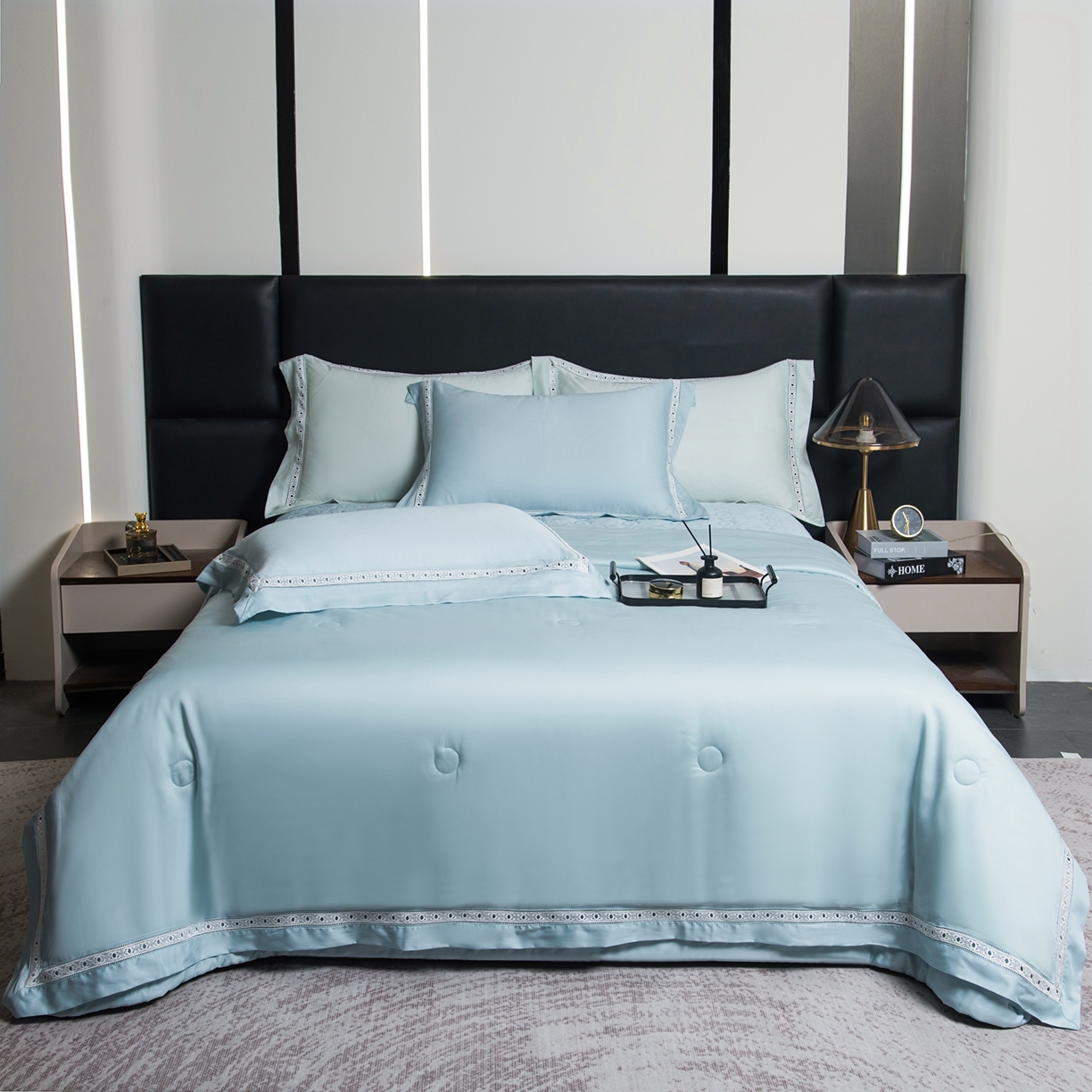 91家纺网 家纺一手货源 找家纺 三俏家纺 2026新款60支兰精天丝A类镂空床盖款夏被四件套纯色20％大豆蛋白【包质检】 海盐蓝