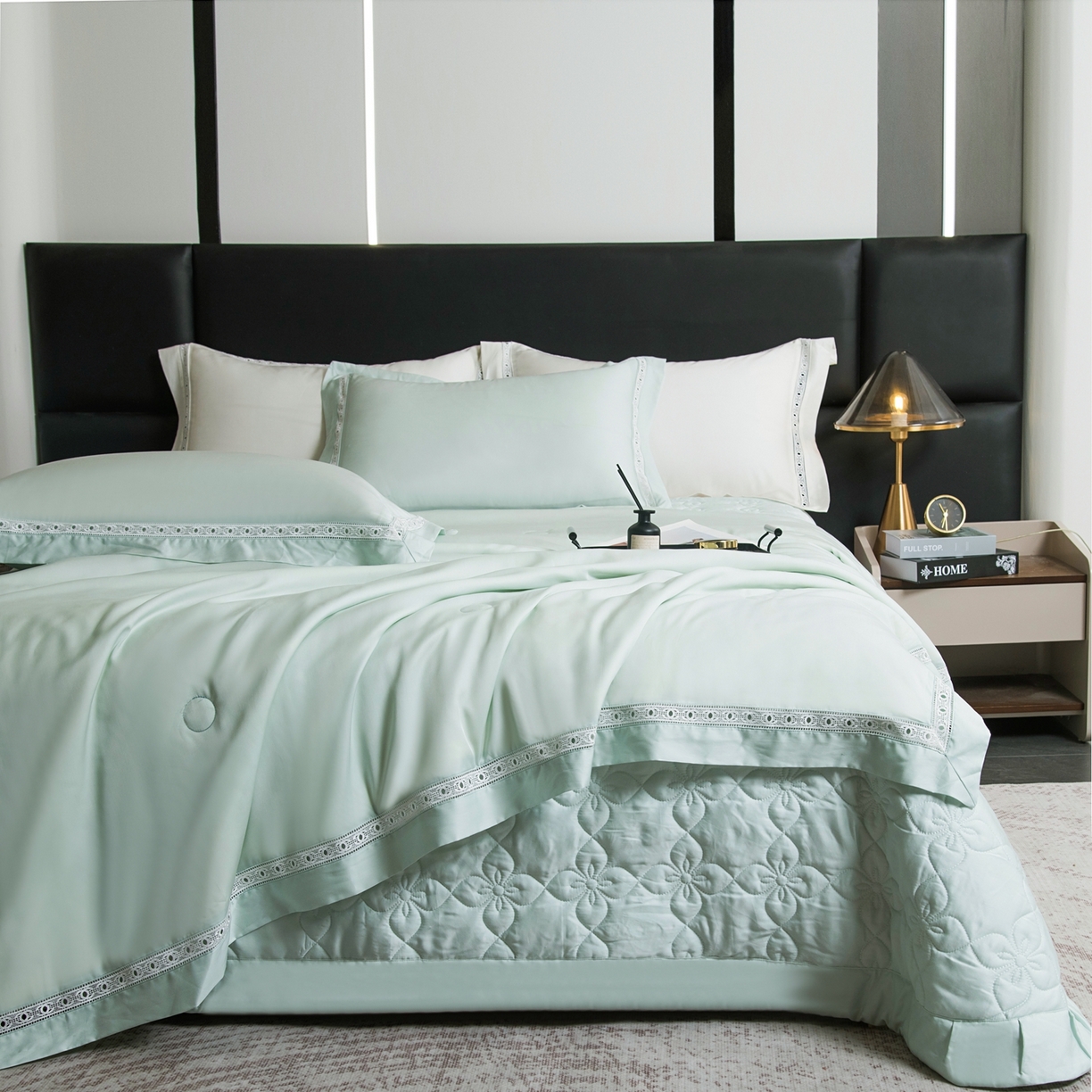 91家纺网 家纺一手货源 找家纺 三俏家纺 2026新款60支兰精天丝A类镂空床盖款夏被四件套纯色20％大豆蛋白【包质检】 薄荷绿