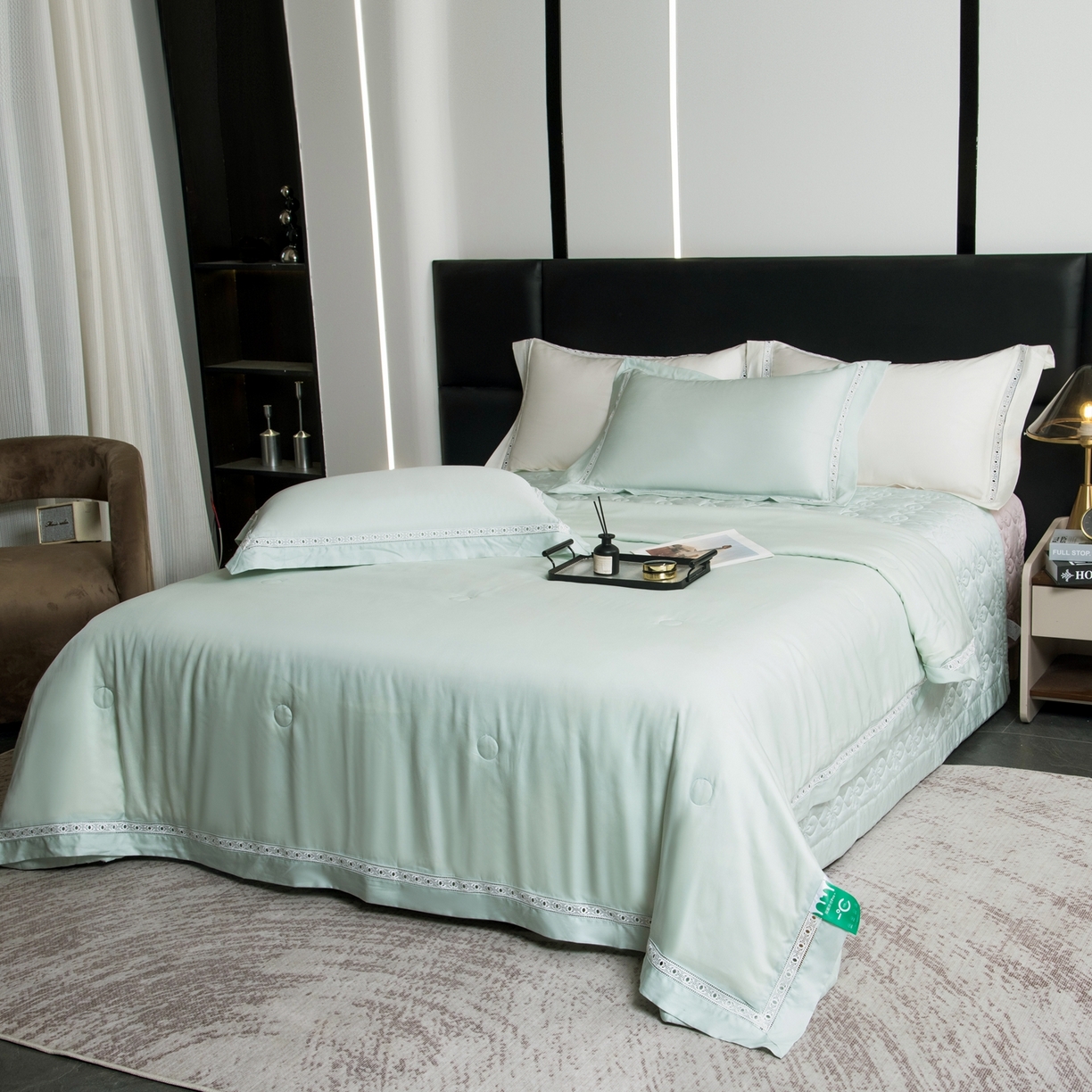 91家纺网 家纺一手货源 找家纺 三俏家纺 2026新款60支兰精天丝A类镂空床盖款夏被四件套纯色20％大豆蛋白【包质检】 薄荷绿