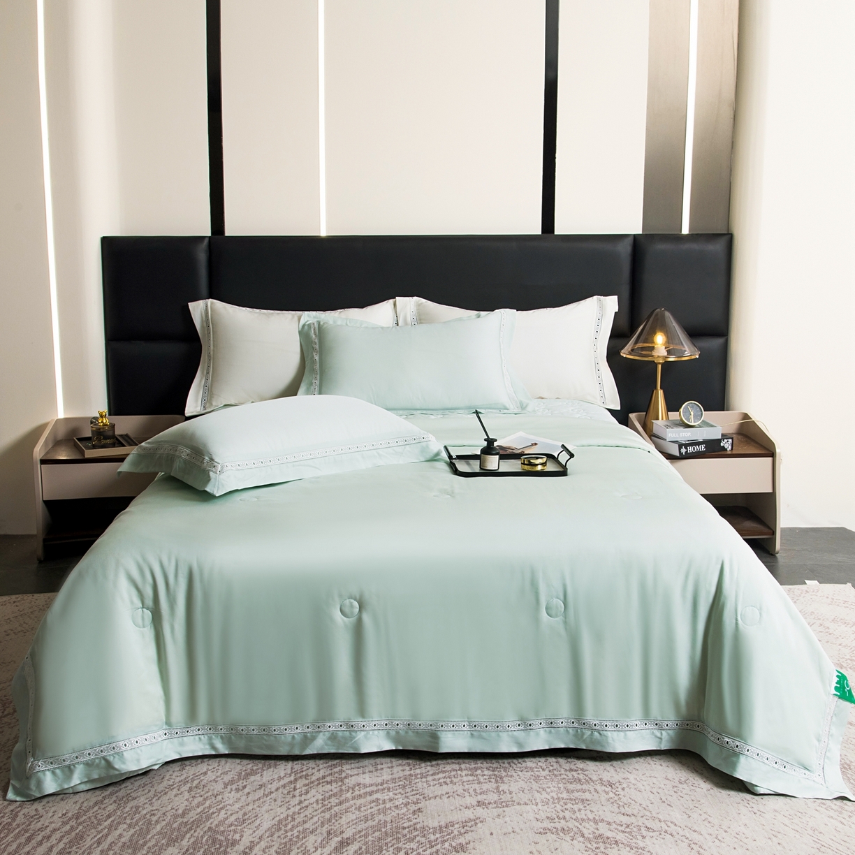 91家纺网 家纺一手货源 找家纺 三俏家纺 2026新款60支兰精天丝A类镂空床盖款夏被四件套纯色20％大豆蛋白【包质检】 薄荷绿