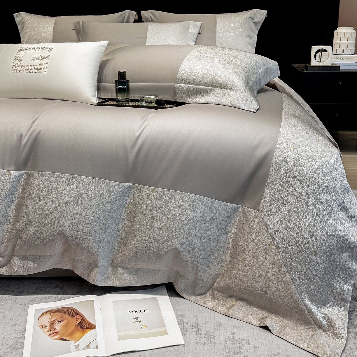 91家纺网 家纺一手货源 找家纺 奥汀洛家纺 2026新款纯棉长绒棉大拼角厚织提花四件套 伊森-绅士灰