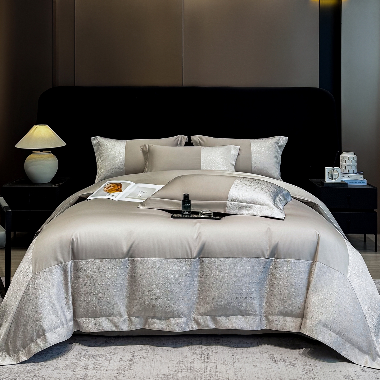 奥汀洛家纺 2026新款纯棉长绒棉大拼角厚织提花四件套 伊森-绅士灰