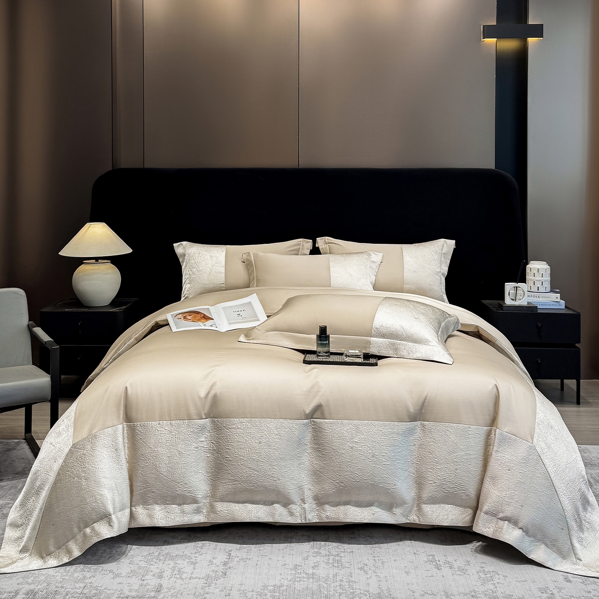 奥汀洛家纺 2026新款纯棉长绒棉大拼角厚织提花四件套 伊森-香槟金