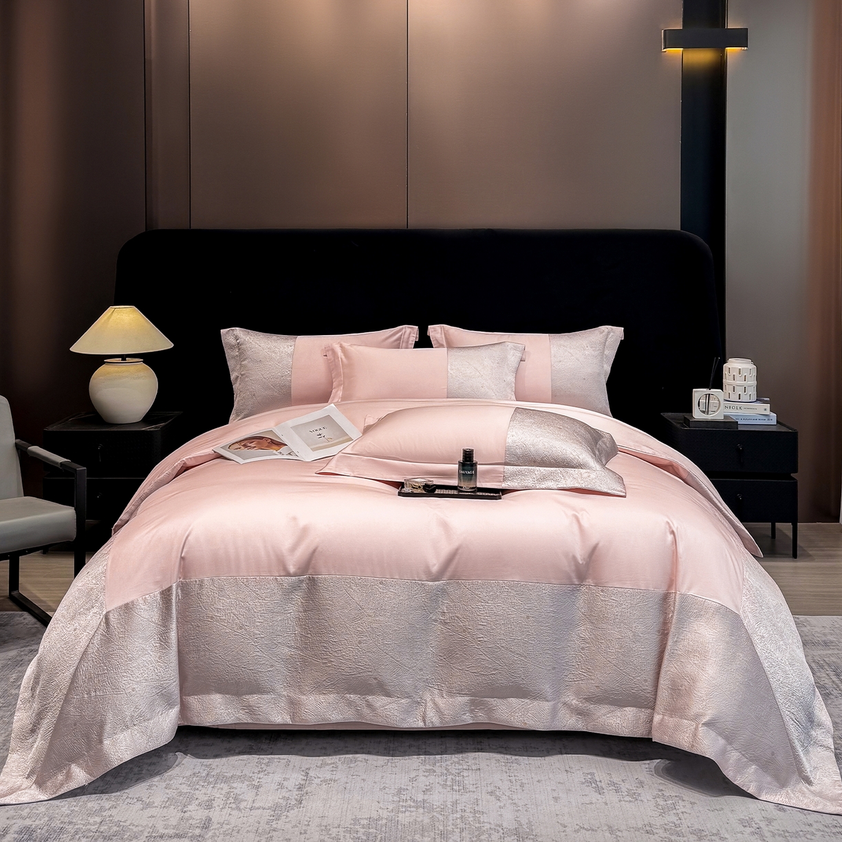 奥汀洛家纺 2026新款纯棉长绒棉大拼角厚织提花四件套 依琳-甜心粉