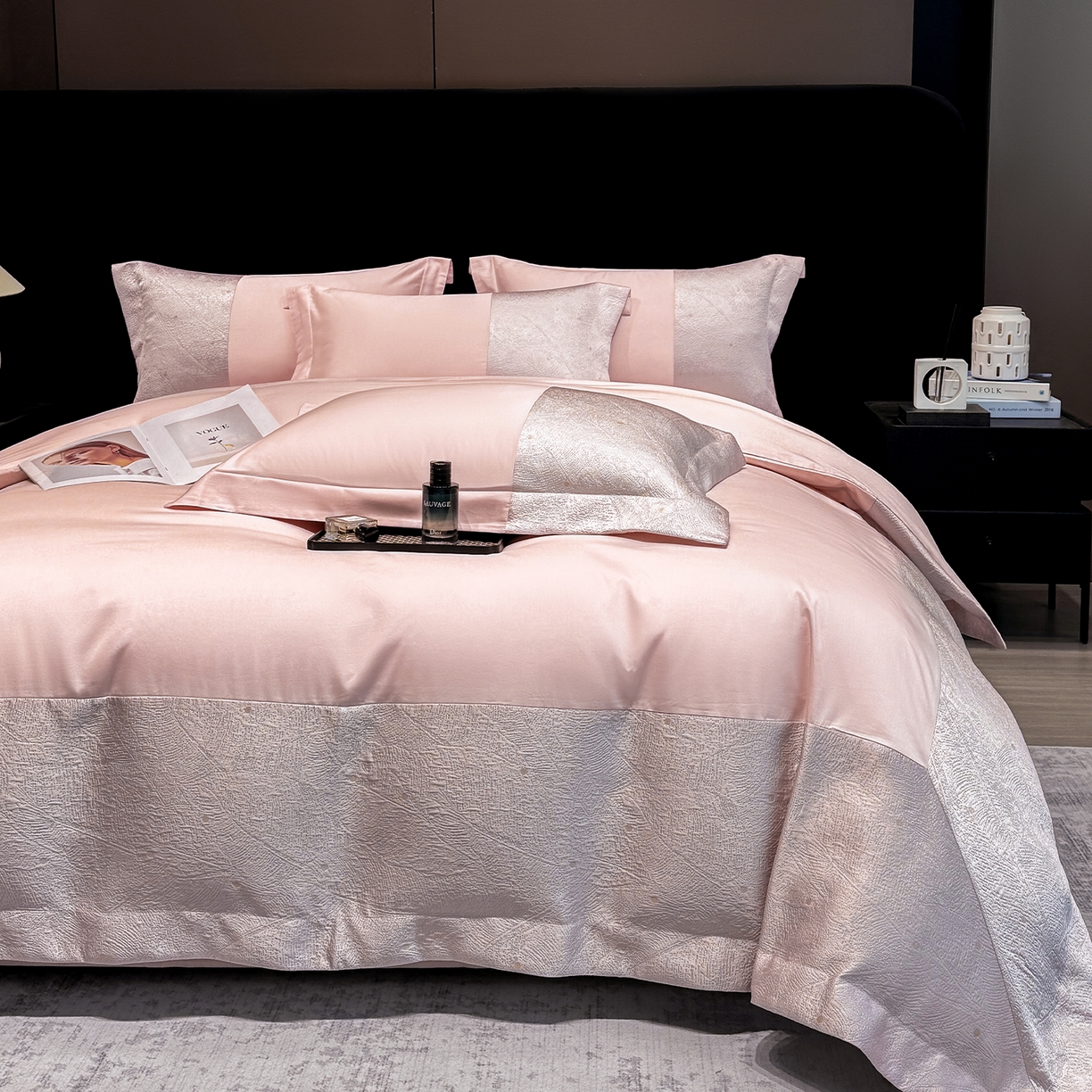 91家纺网 家纺一手货源 找家纺 奥汀洛家纺 2026新款纯棉长绒棉大拼角厚织提花四件套 依琳-甜心粉