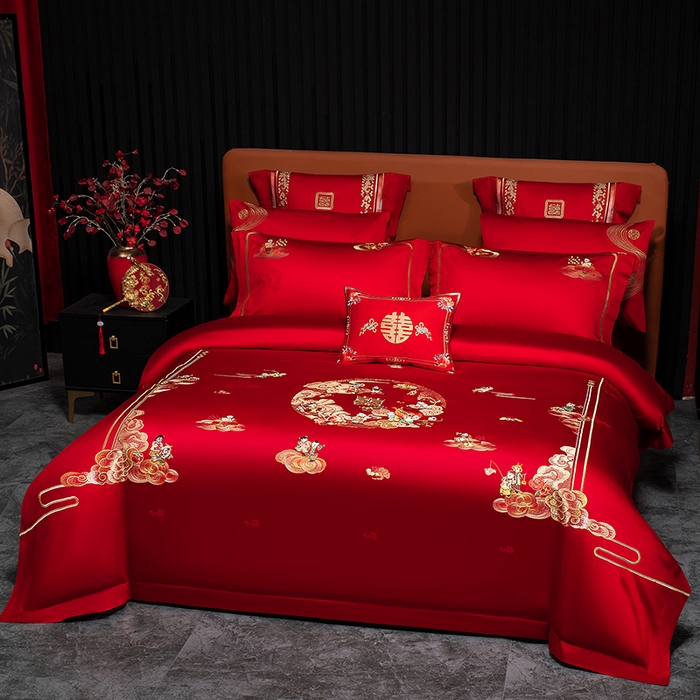 91家纺网 家纺一手货源 找家纺 （总）蒂爵 2026年重绣性价比款长绒棉提花全棉纯棉绣花婚庆四件套多件套大红色刺绣结床上用品