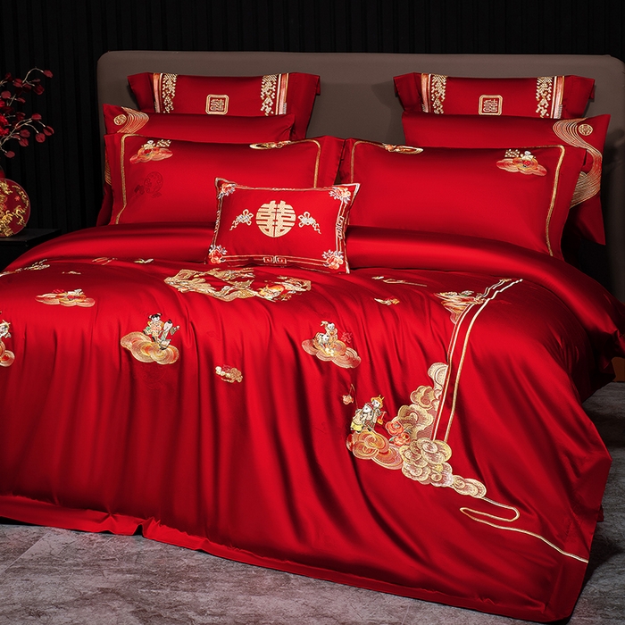 91家纺网 家纺一手货源 找家纺 （总）蒂爵 2026年重绣性价比款长绒棉提花全棉纯棉绣花婚庆四件套多件套大红色刺绣结床上用品