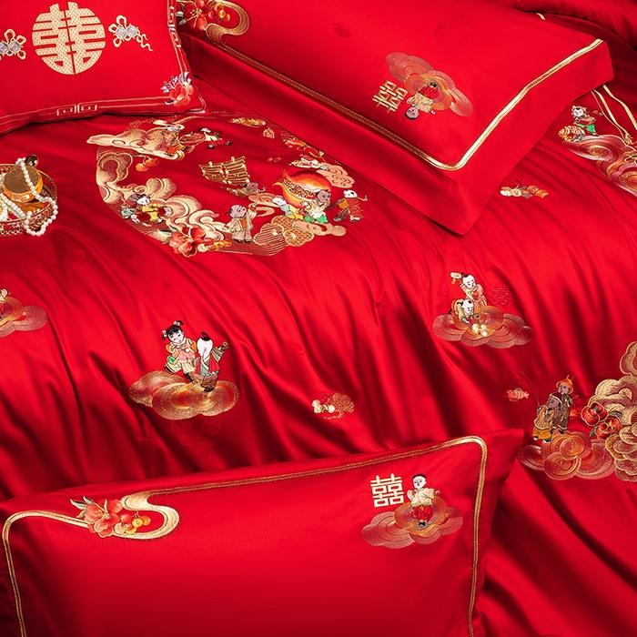 91家纺网 家纺一手货源 找家纺 （总）蒂爵 2026年重绣性价比款长绒棉提花全棉纯棉绣花婚庆四件套多件套大红色刺绣结床上用品