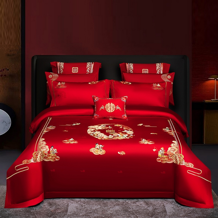 （总）蒂爵 2026年重绣性价比款长绒棉提花全棉纯棉绣花婚庆四件套多件套大红色刺绣结床上用品