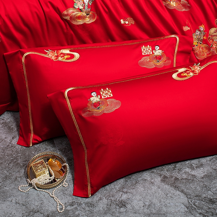 91家纺网 家纺一手货源 找家纺 （总）蒂爵 2026年重绣性价比款长绒棉提花全棉纯棉绣花婚庆四件套多件套大红色刺绣结床上用品