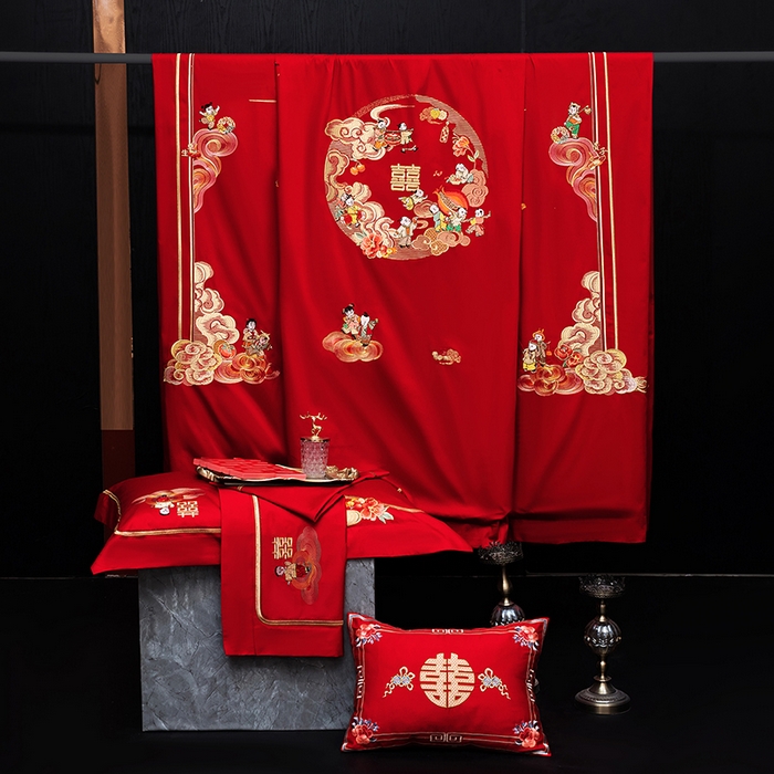 91家纺网 家纺一手货源 找家纺 （总）蒂爵 2026年重绣性价比款长绒棉提花全棉纯棉绣花婚庆四件套多件套大红色刺绣结床上用品