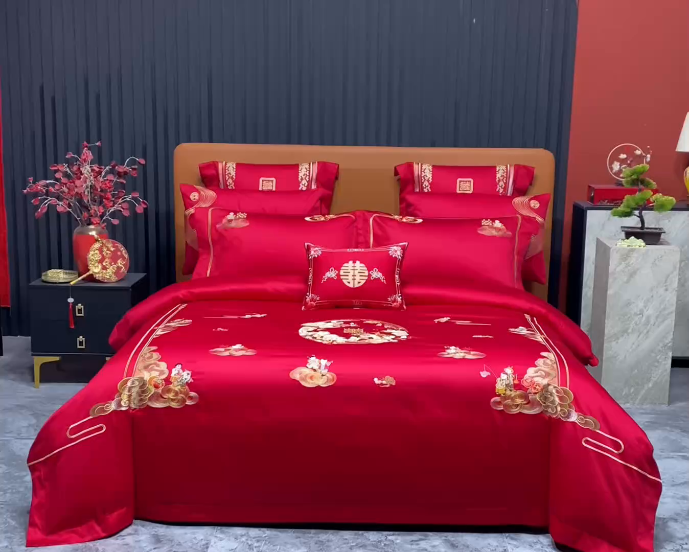 91家纺网 家纺一手货源 找家纺 （总）蒂爵 2026年重绣性价比款长绒棉提花全棉纯棉绣花婚庆四件套多件套大红色刺绣结床上用品