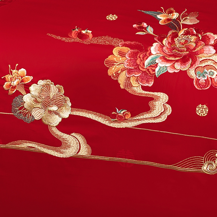 91家纺网 家纺一手货源 找家纺 蒂爵 2026年重绣性价比款长绒棉提花全棉纯棉绣花婚庆四件套多件套大红色刺绣结床上用品 国色天香