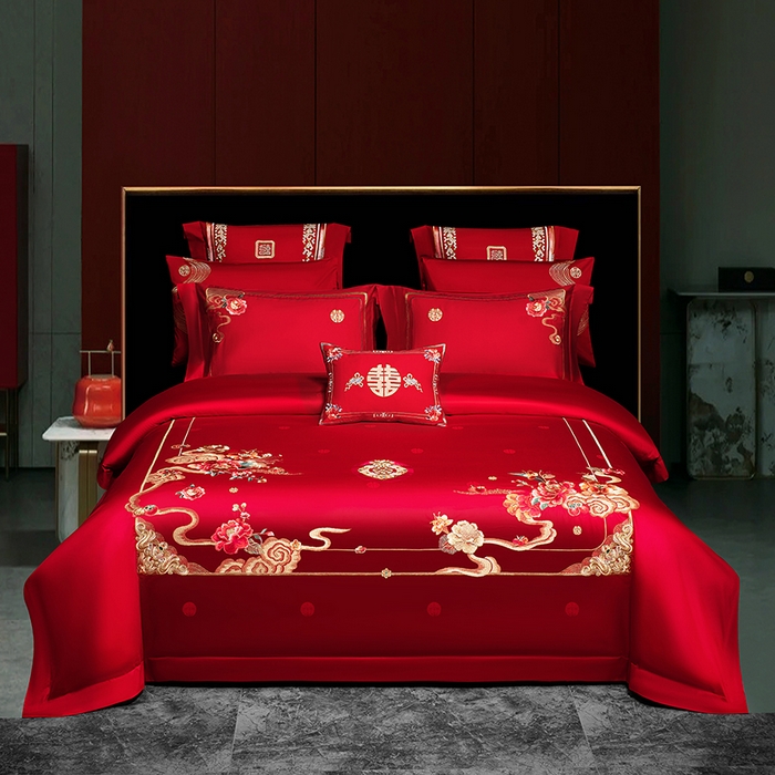 蒂爵 2026年重绣性价比款长绒棉提花全棉纯棉绣花婚庆四件套多件套大红色刺绣结床上用品 国色天香